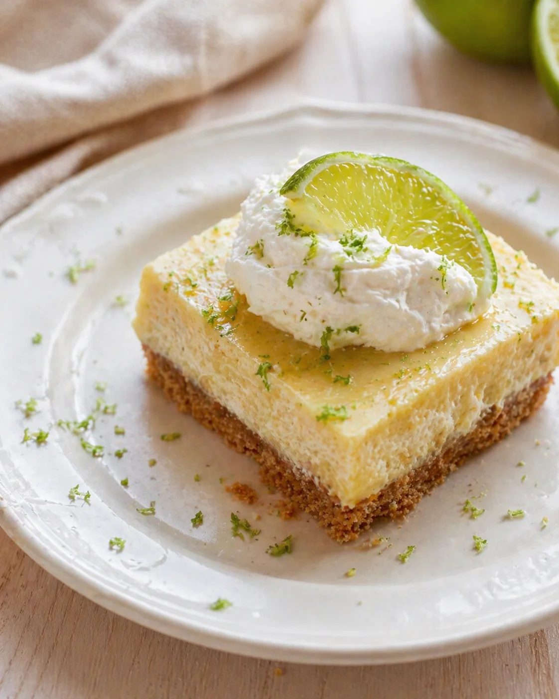 square lime cheesecake bar on a plate topped with whipped cream and lime wedge