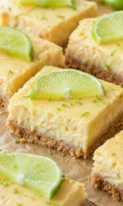 Close-up of lime cheesecake bars with crumb crust and lime wedges