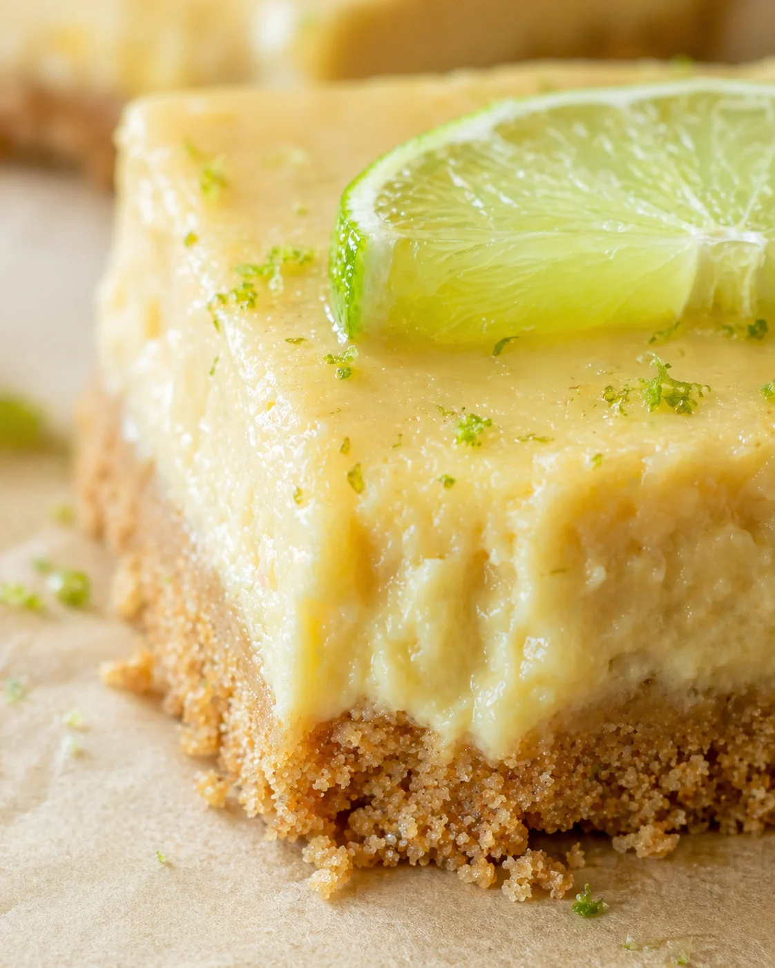 Close-up of lime cheesecake slice with graham crust and lime garnish.