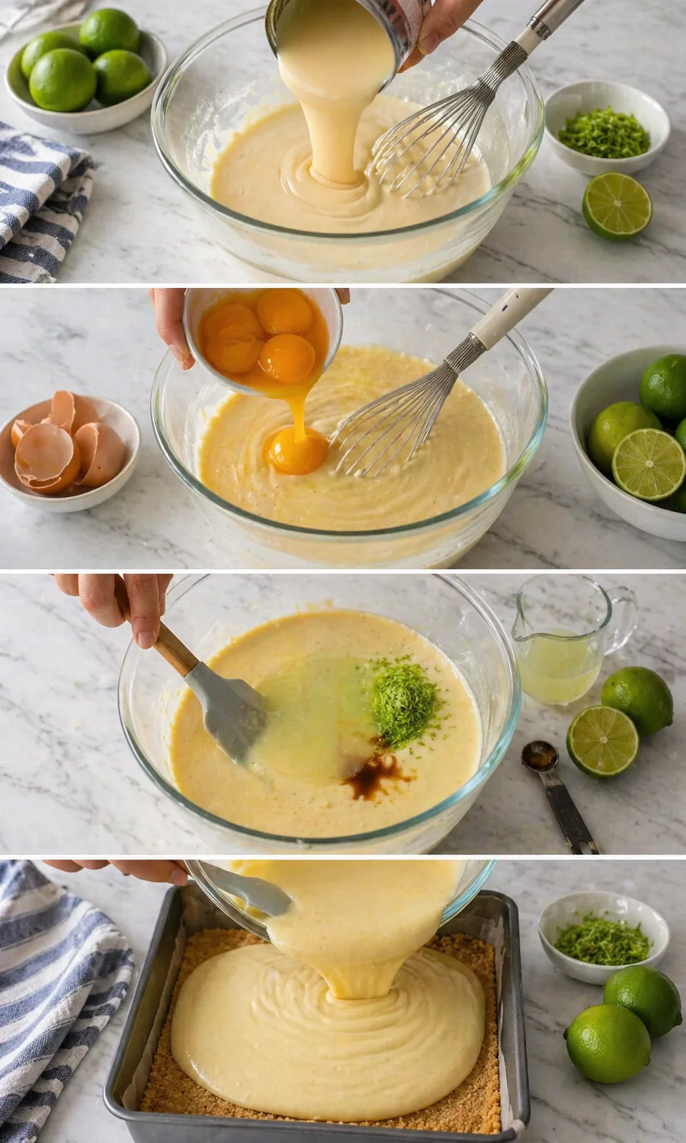 Collage showing lime-batter preparation: whisking, cracking eggs, zest and limes, and batter poured into a pan.