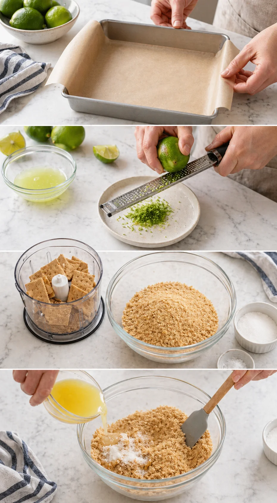 collage showing lime zest, lime juice, and crust-prep scenes for a baking recipe
