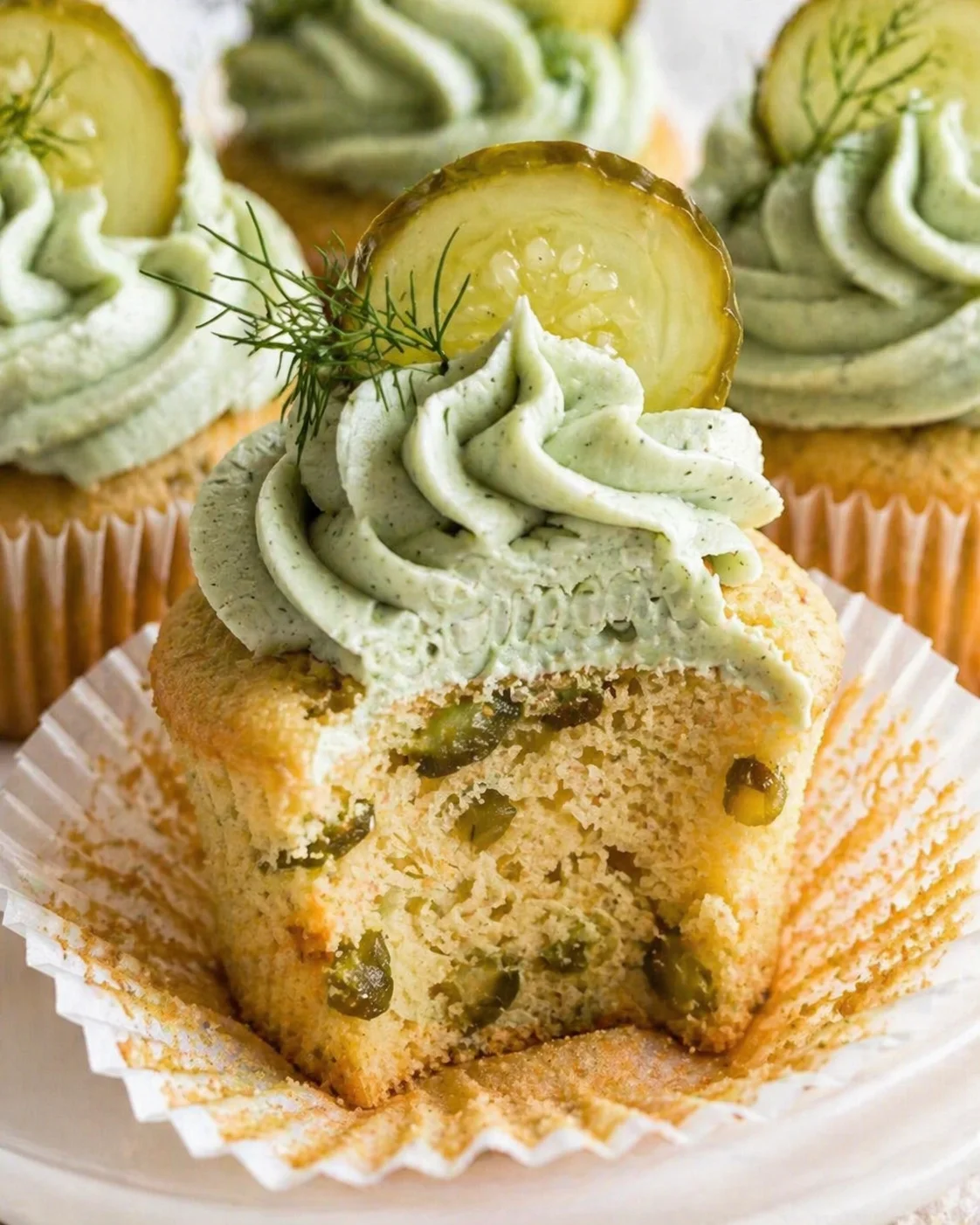 Close-up of a mint-green cupcake topped with frosting, lemon slice, and dill sprig