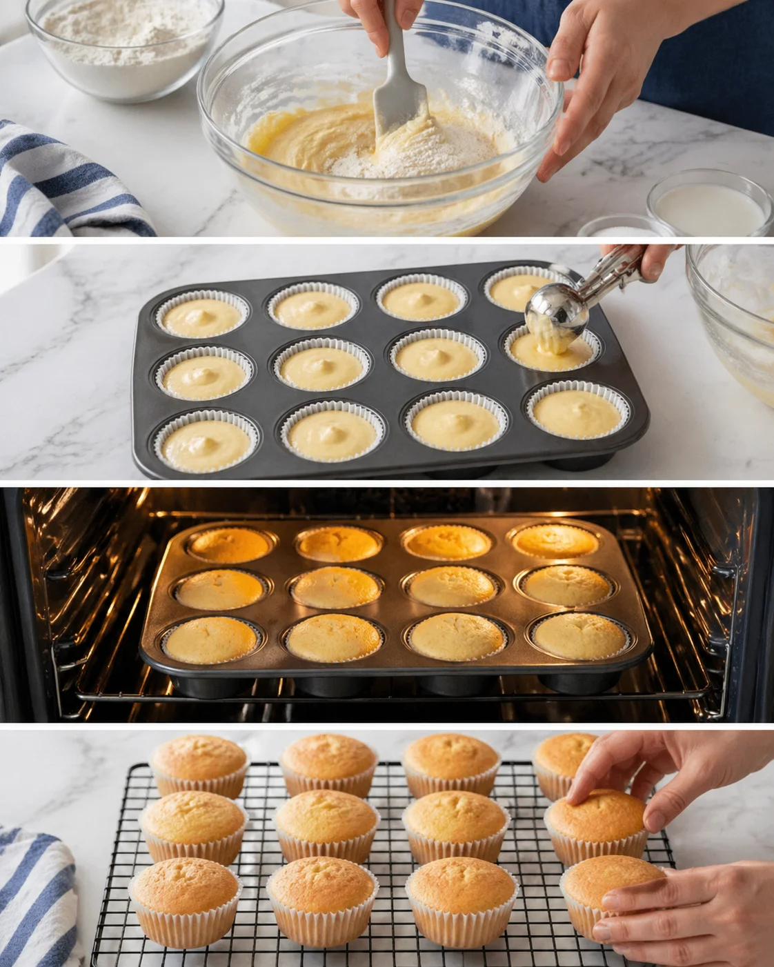 four-panel collage showing batter mixing, filling muffin cups, baking in oven, and cooling freshly baked muffins