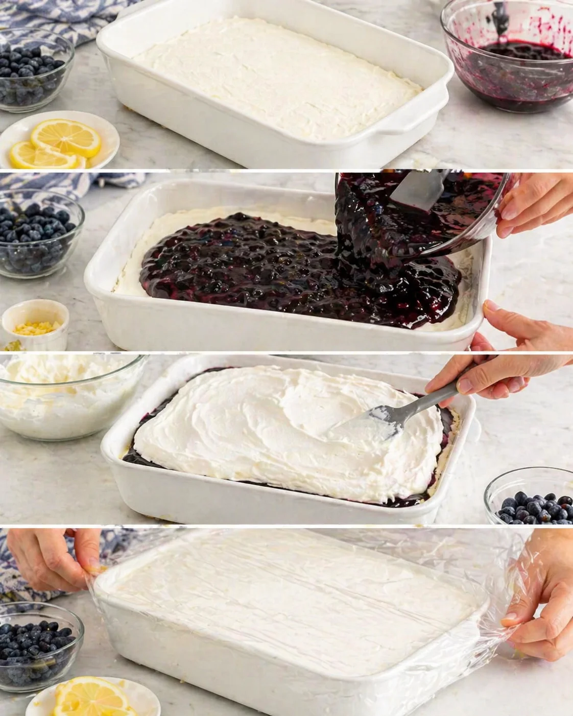 collage showing steps to assemble no-bake blueberry cheesecake bars in a white baking dish