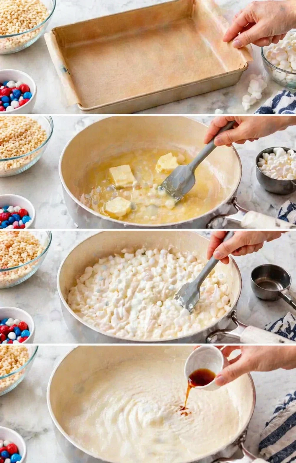 collage of hands layering ingredients in a pan for no-bake dessert bars