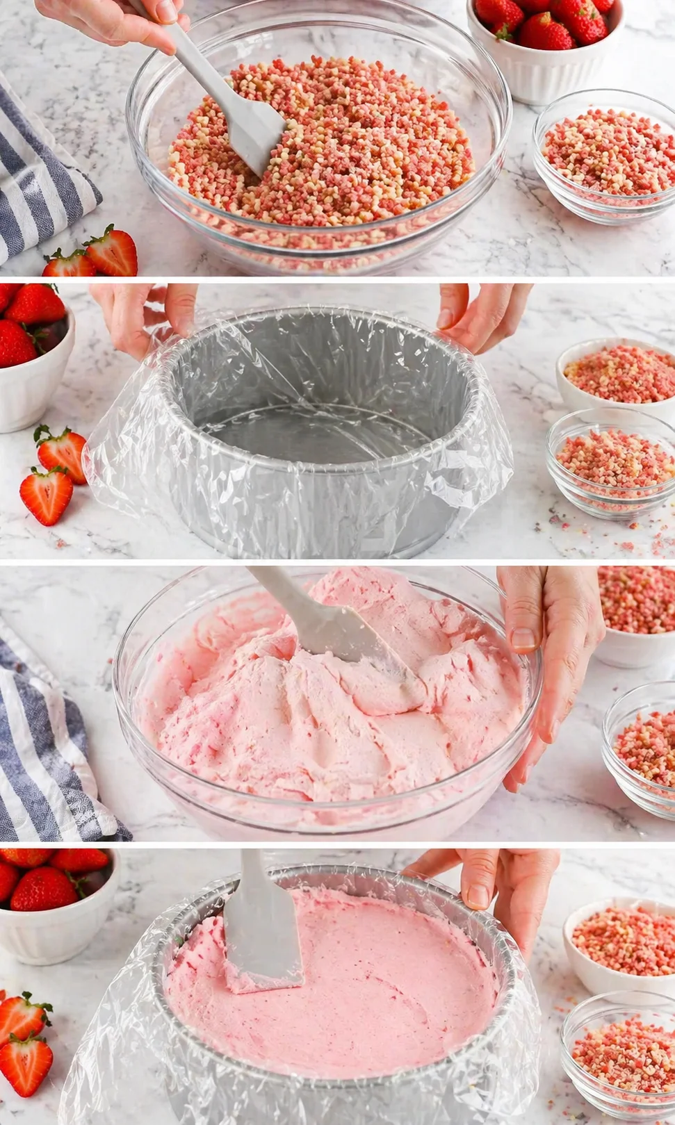 four-panel collage showing strawberry ice cream prep with crumble, pan ready for chilling