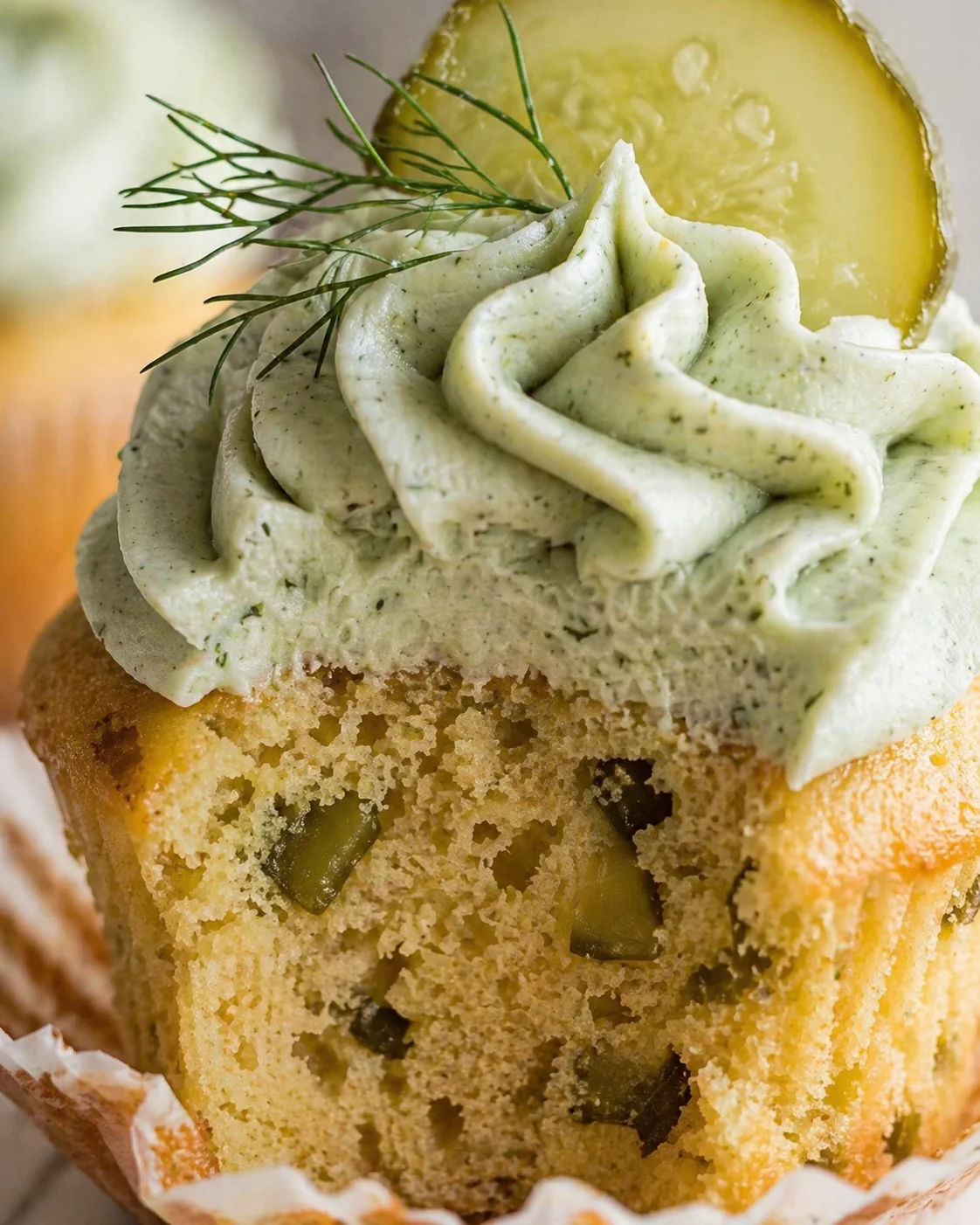 Close-up of olive-studded cupcake with herb frosting, lemon slice, and dill garnish.