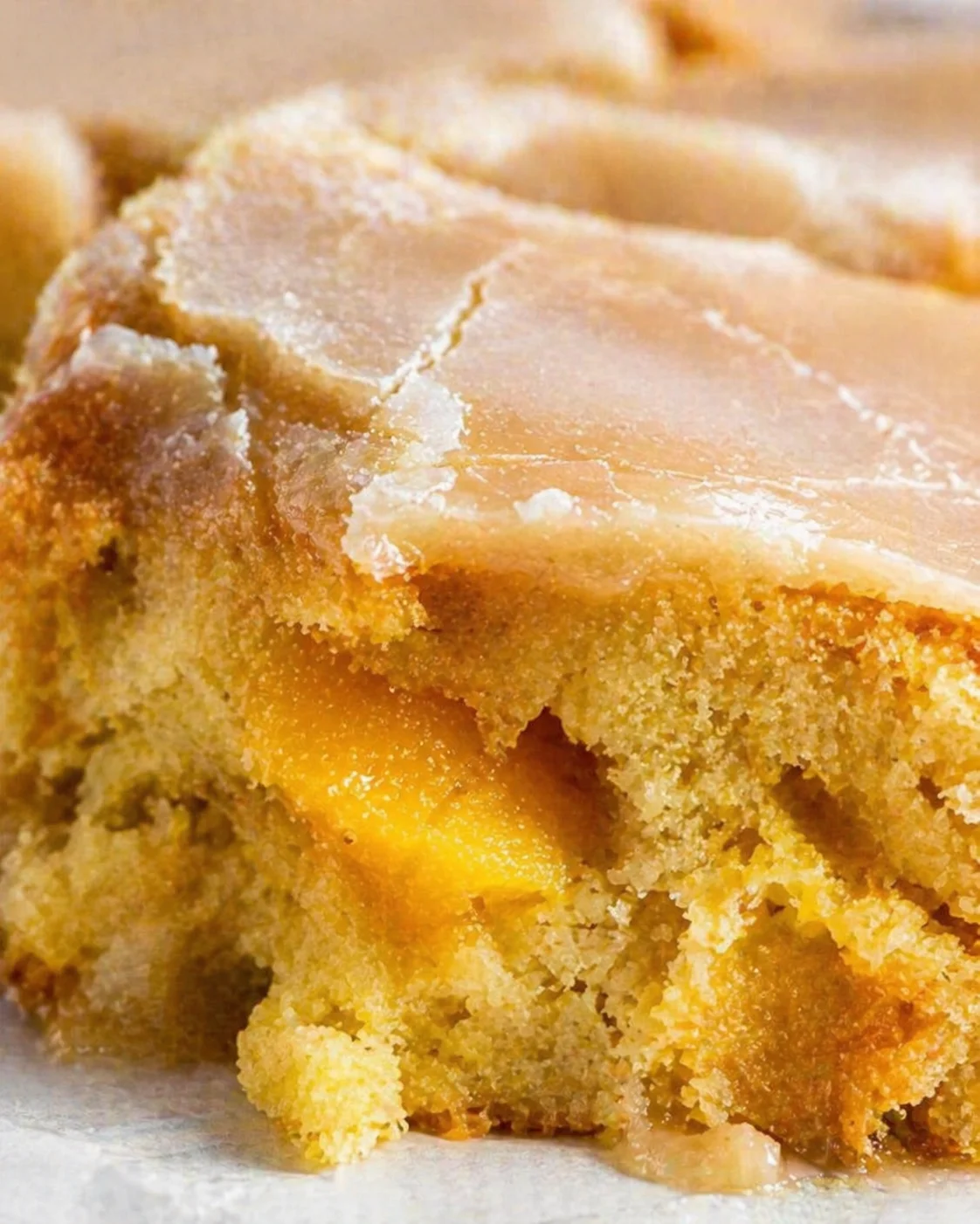 close-up of a crumbly cake slice with orange curd filling and pale glaze