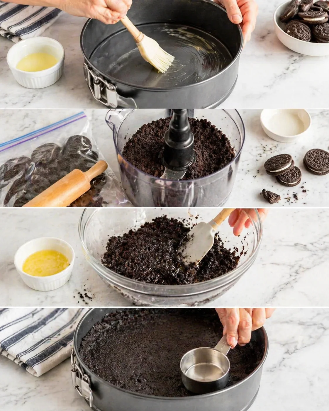 Four-panel collage of Oreo crust steps: melting butter, grinding cookies, and pressing into a springform pan.
