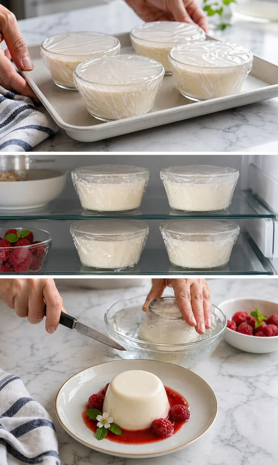 Collage showing panna cotta steps: wrapped ramekins on tray, chilling, and plated dessert with berry sauce.