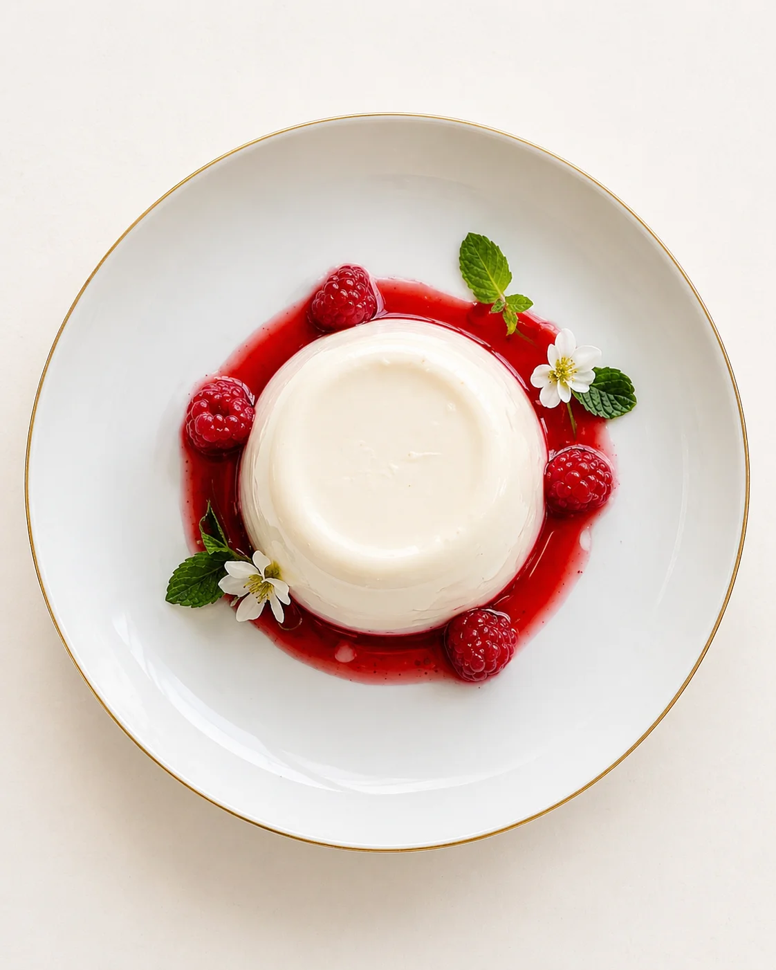top-down view of panna cotta with raspberry sauce, raspberries, mint leaves, and white flowers