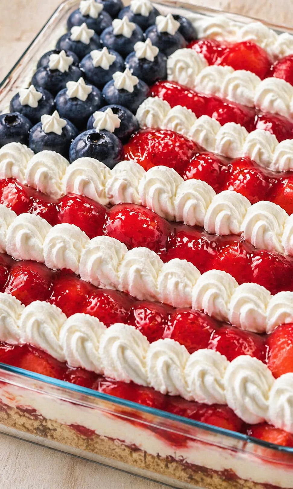 Layered berry cheesecake in a glass dish with red glaze stripes, piped whipped cream, and blueberries.
