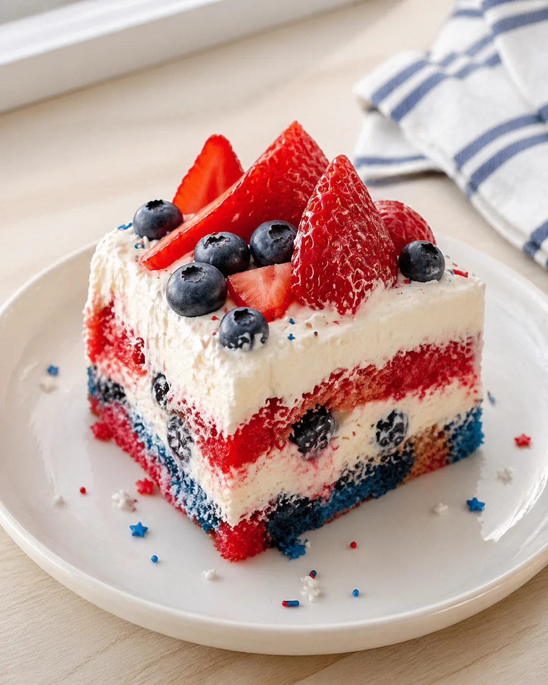 slice of patriotic berry cake with strawberries and blueberries on a white plate