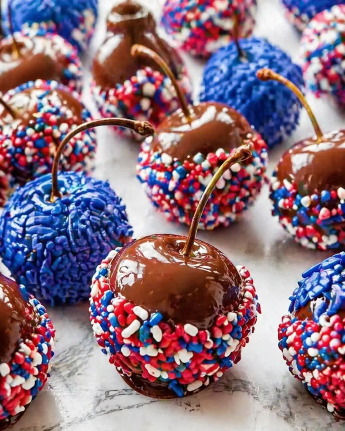 Close-up of glossy chocolate-covered apples with red, white, and blue sprinkles.