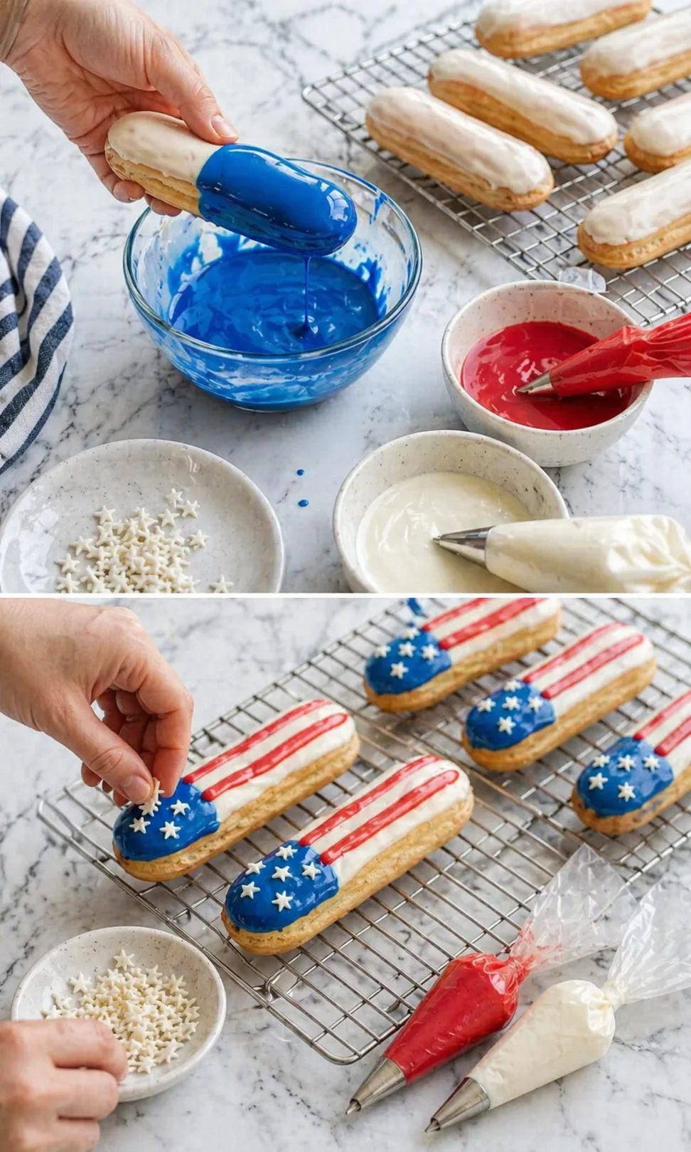 A hand dips an éclair into blue icing with red icing nearby and star sprinkles visible.