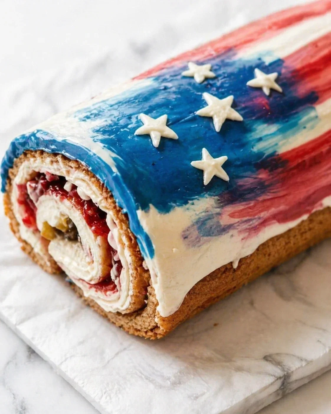 Rolled cake with blue, white, and red icing and white star decorations on marble surface.