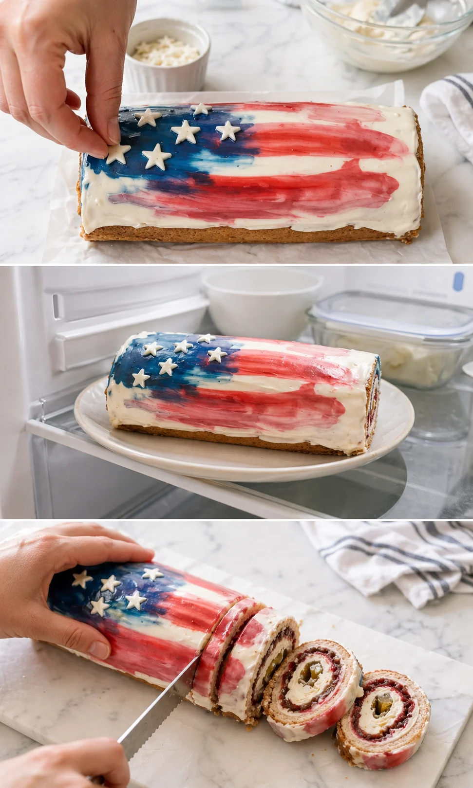 Patriotic cake with red, white, and blue frosting and star decorations on top.