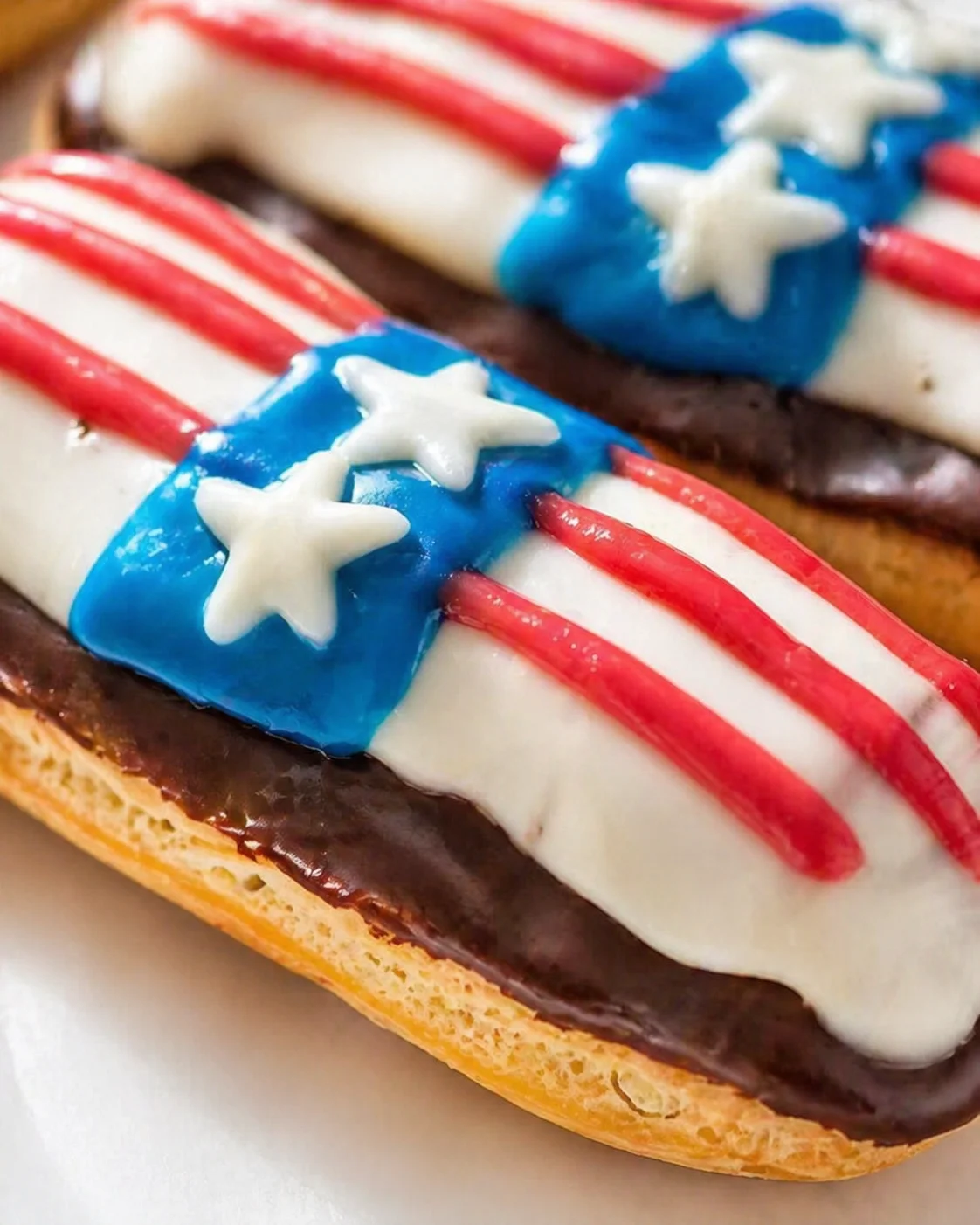 Close-up patriotic donut with white icing, red stripes, blue icing band with white stars, and chocolate glaze beneath.