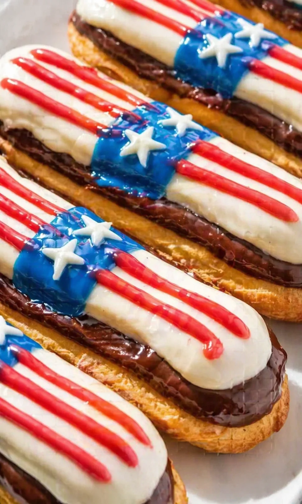 Close-up of patriotic eclairs topped with white icing, red stripes, and blue fondant with white stars.