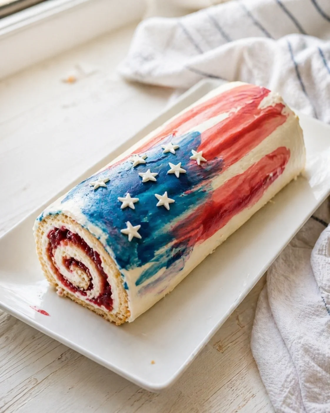 Patriotic Swiss roll cake with red, white and blue icing and white star decorations on a rectangular platter