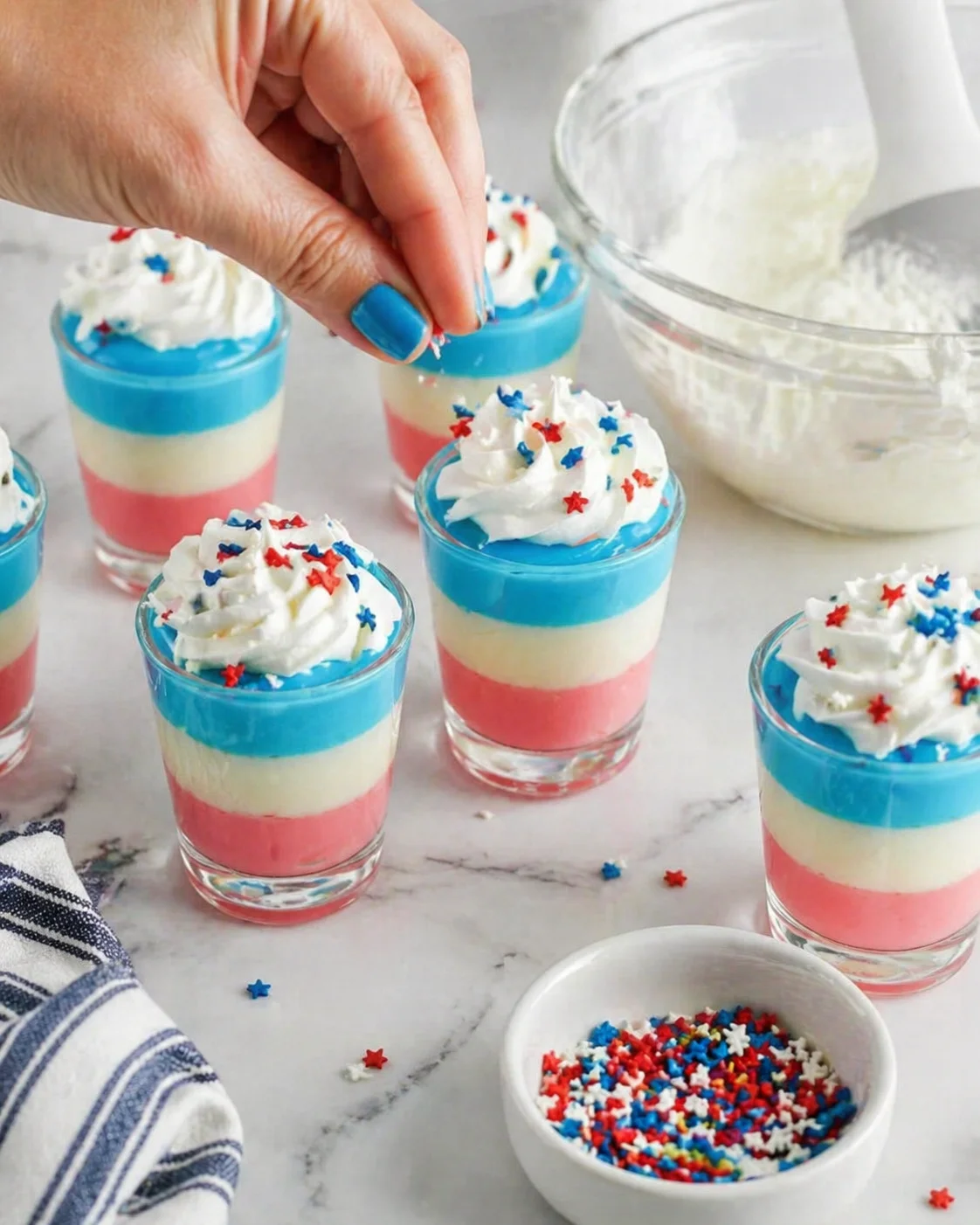 Small shot glasses with red, white, and blue layered dessert topped with whipped cream and star sprinkles.
