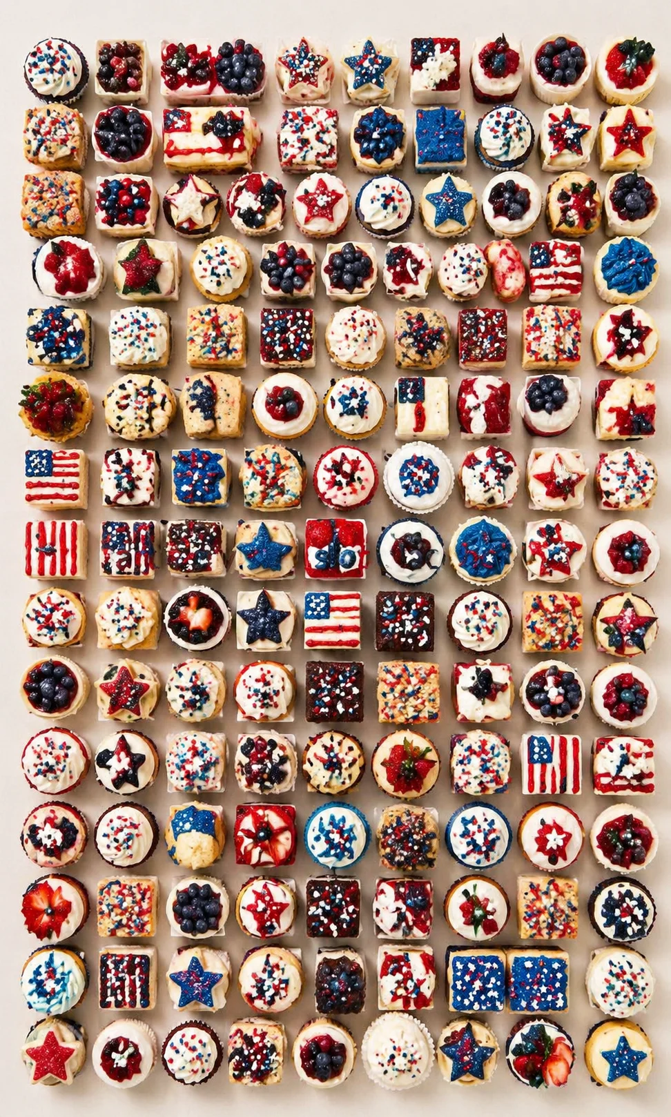 A grid of small cupcakes decorated in red, white, and blue with stars and stripes on a light background.