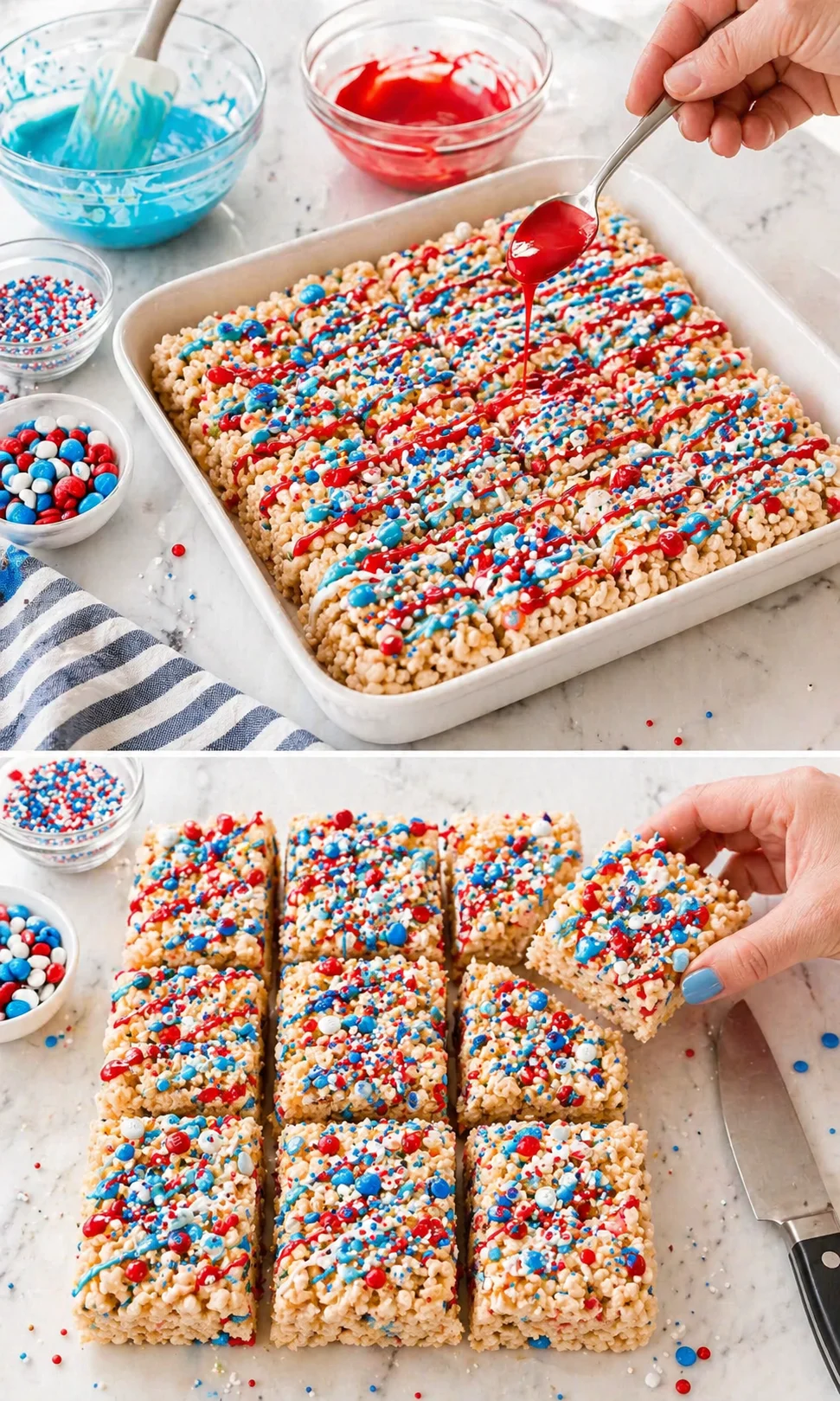 patriotic rice-krispie treats in a white dish with blue and red drizzle