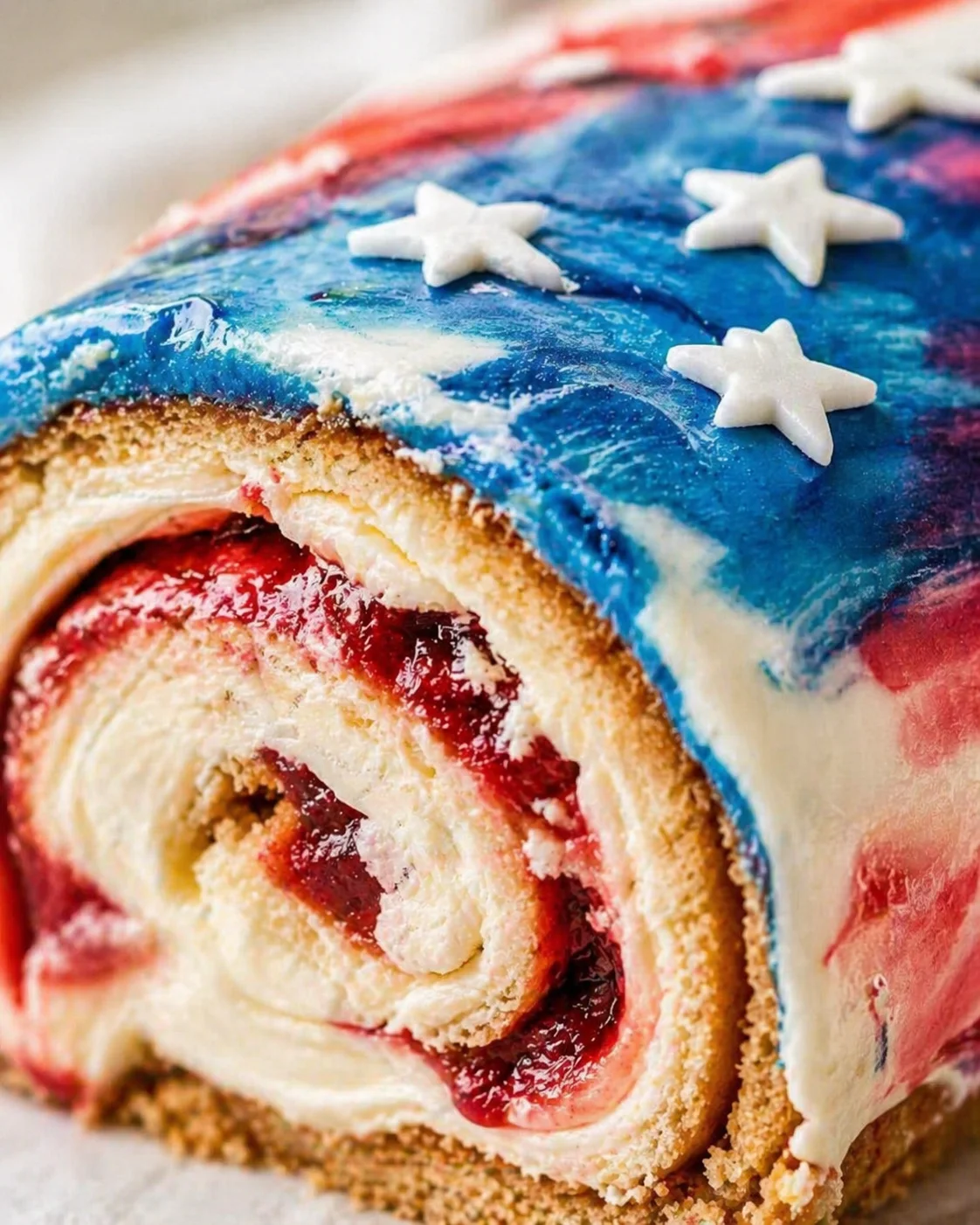 Close-up of a jelly-roll cake with red, white, and blue marbled icing, white star toppers, and a raspberry filling.