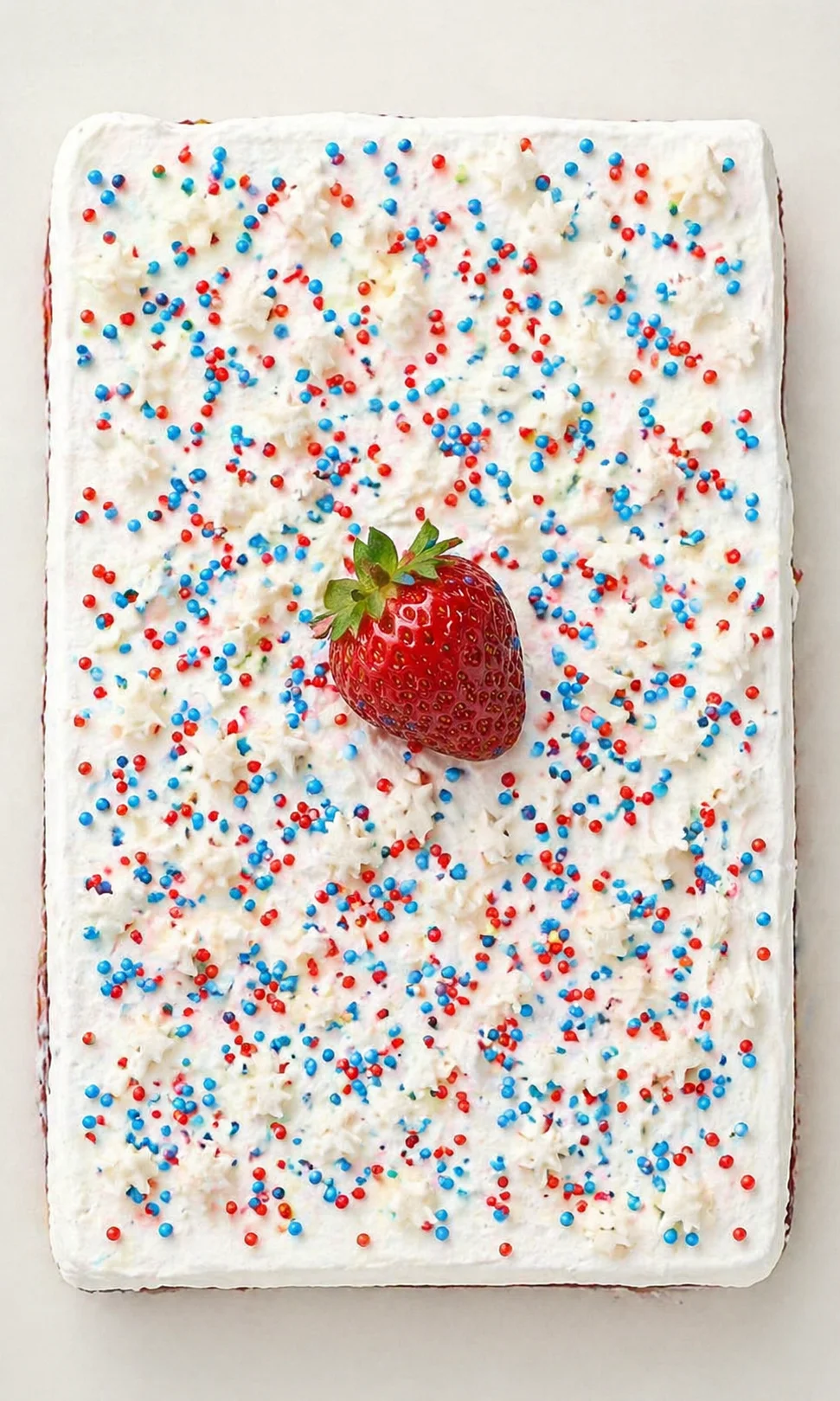 rectangular vanilla-frosted cake topped with red and blue sprinkles and a strawberry centerpiece