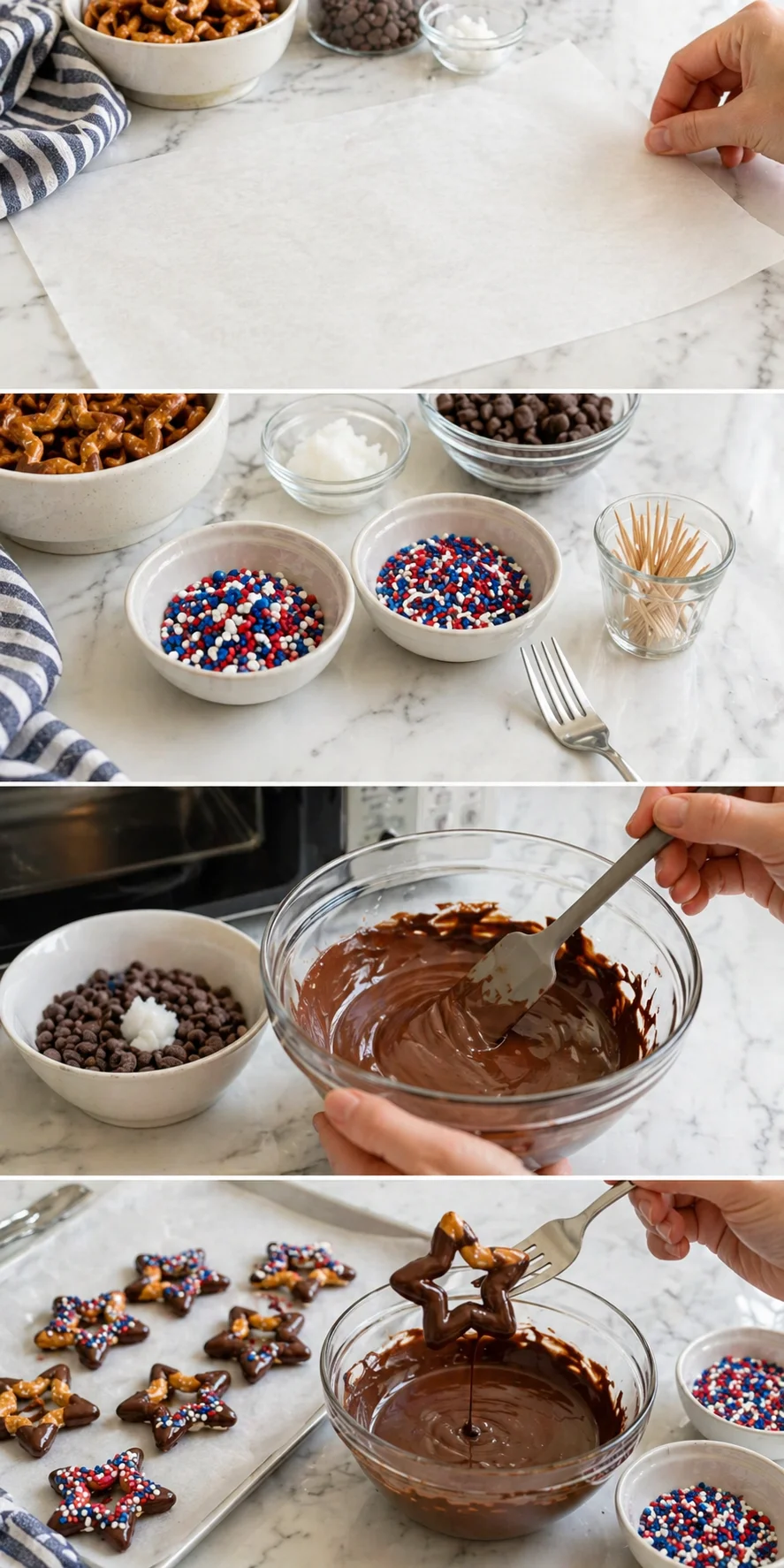 collage showing parchment prep, sprinkles, melted chocolate, and star-shaped chocolate-dipped treats.