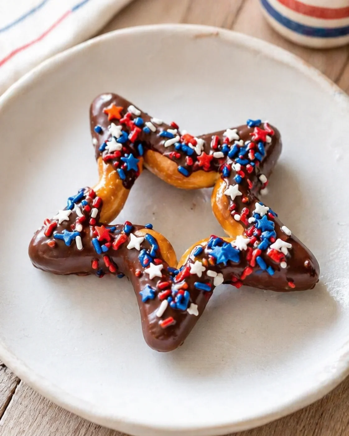 Chocolate-dipped star pretzel with red, white, and blue sprinkles on a plate