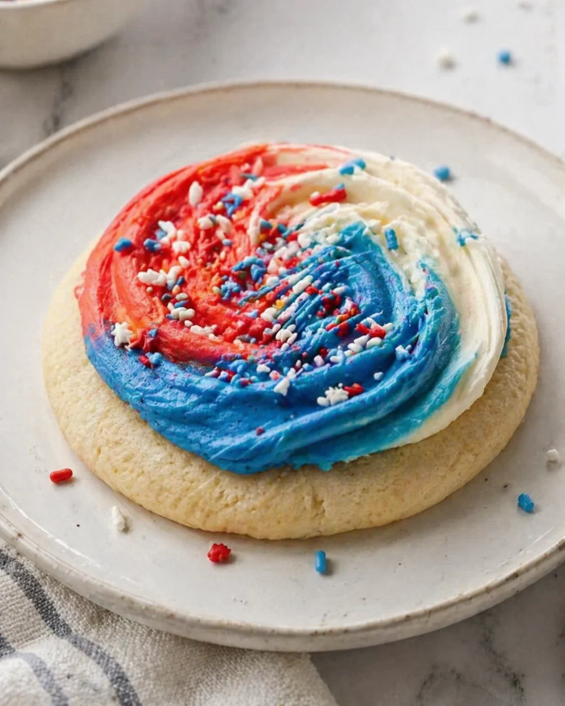 round sugar cookie with red-white-blue swirled frosting and sprinkles on a plate
