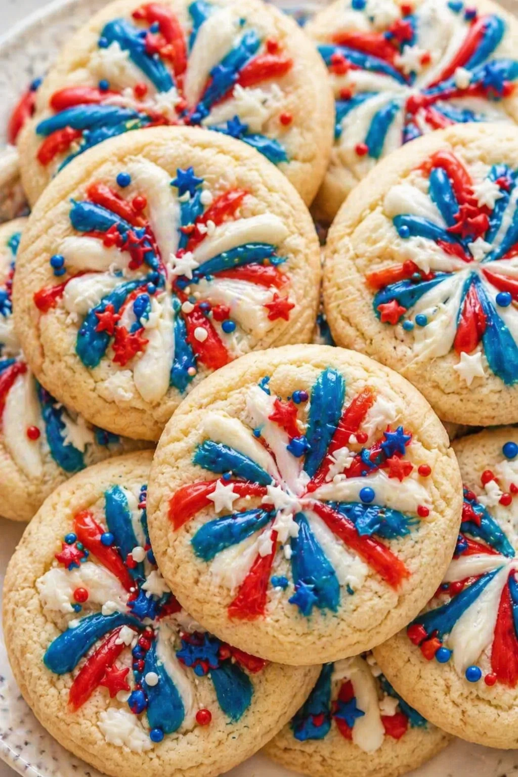 Close-up of patriotic sugar cookies with red, white, and blue icing and star sprinkles.