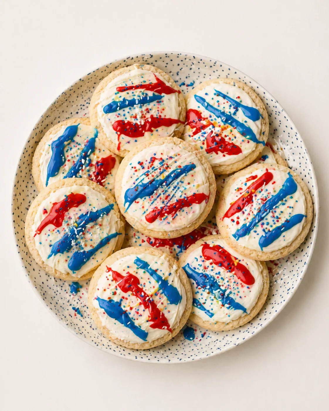 Overhead view of patriotic sugar cookies with red and blue drizzle on a speckled plate