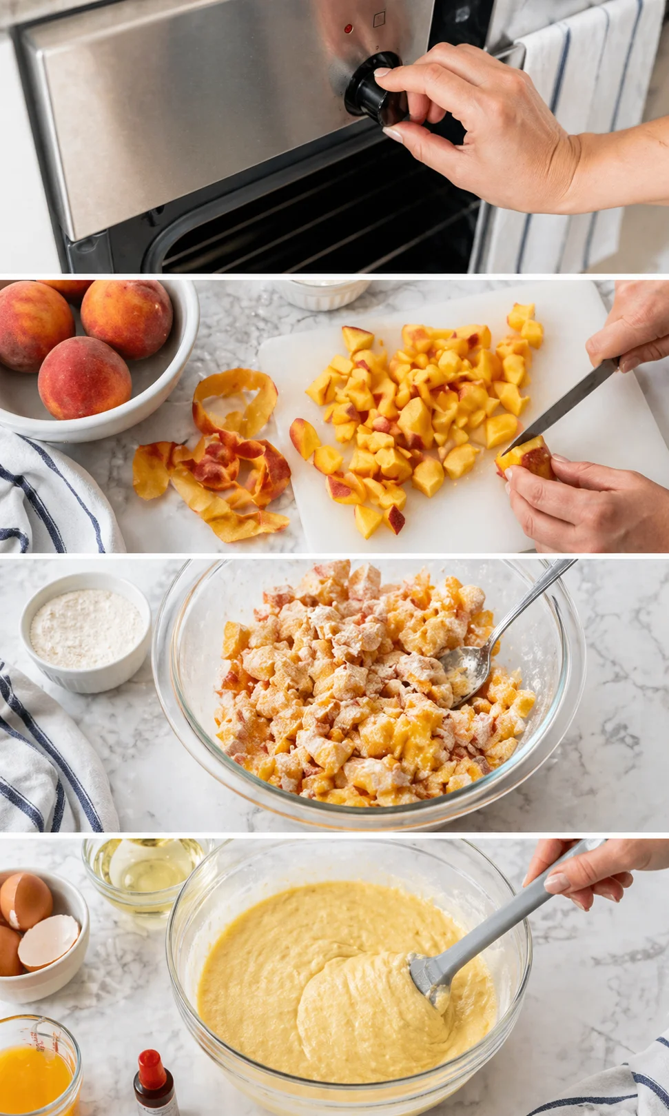 collage showing peach prep and batter making: oven knob, chopped peaches, and a large mixing bowl with batter.