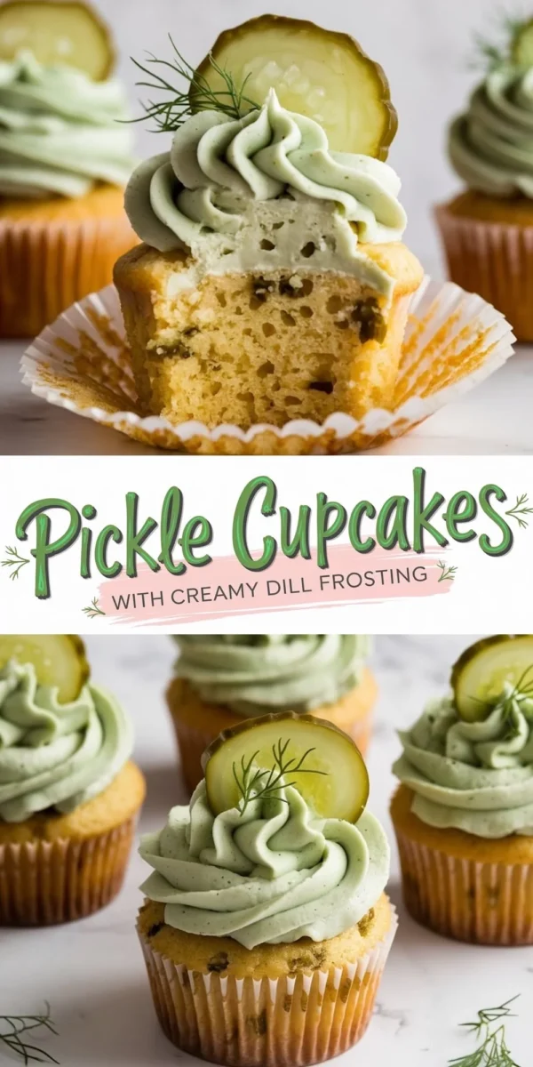 Close-up of a pickle cupcake with a bite taken out, showing the moist interior with diced pickles. The cupcake is topped with creamy dill frosting, a pickle slice, and a garnish of fresh dill. Text overlay reads, “Pickle Cupcakes with Creamy Dill Frosting.”