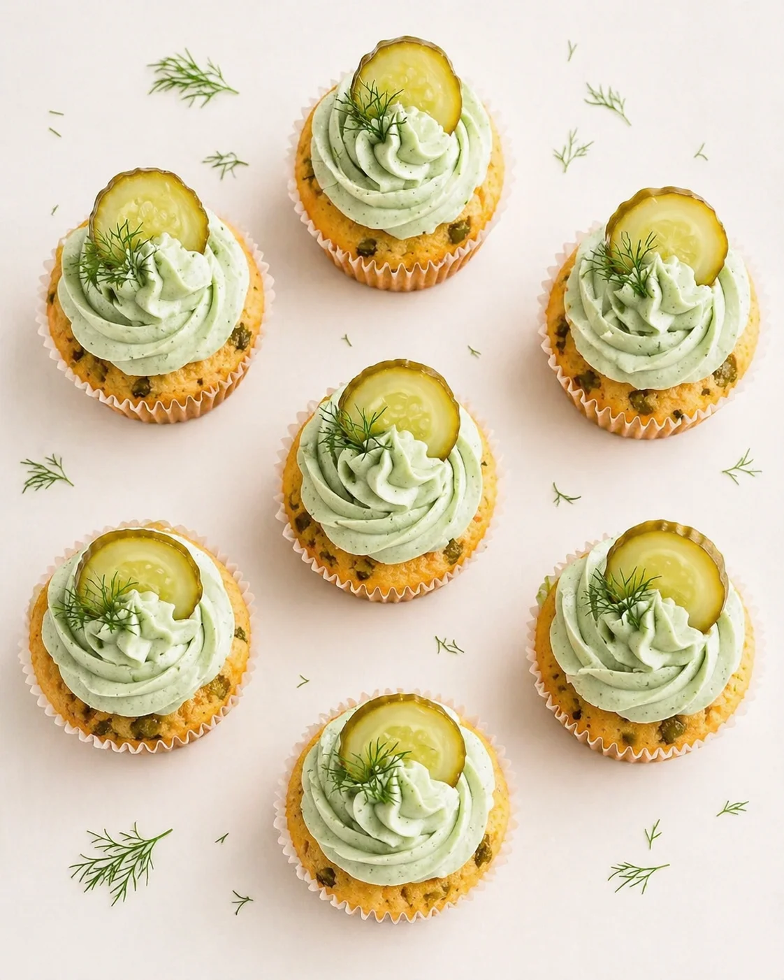 Several cupcakes with mint-green frosting, dill sprigs, and pickle slices on a pale background.
