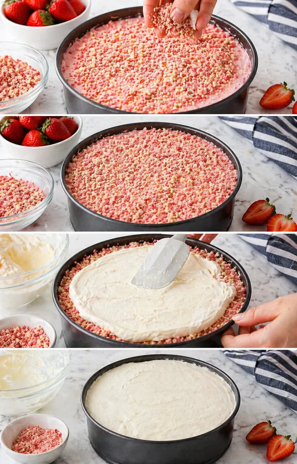 round pan with pink crumble crust and creamy cheesecake layer being assembled