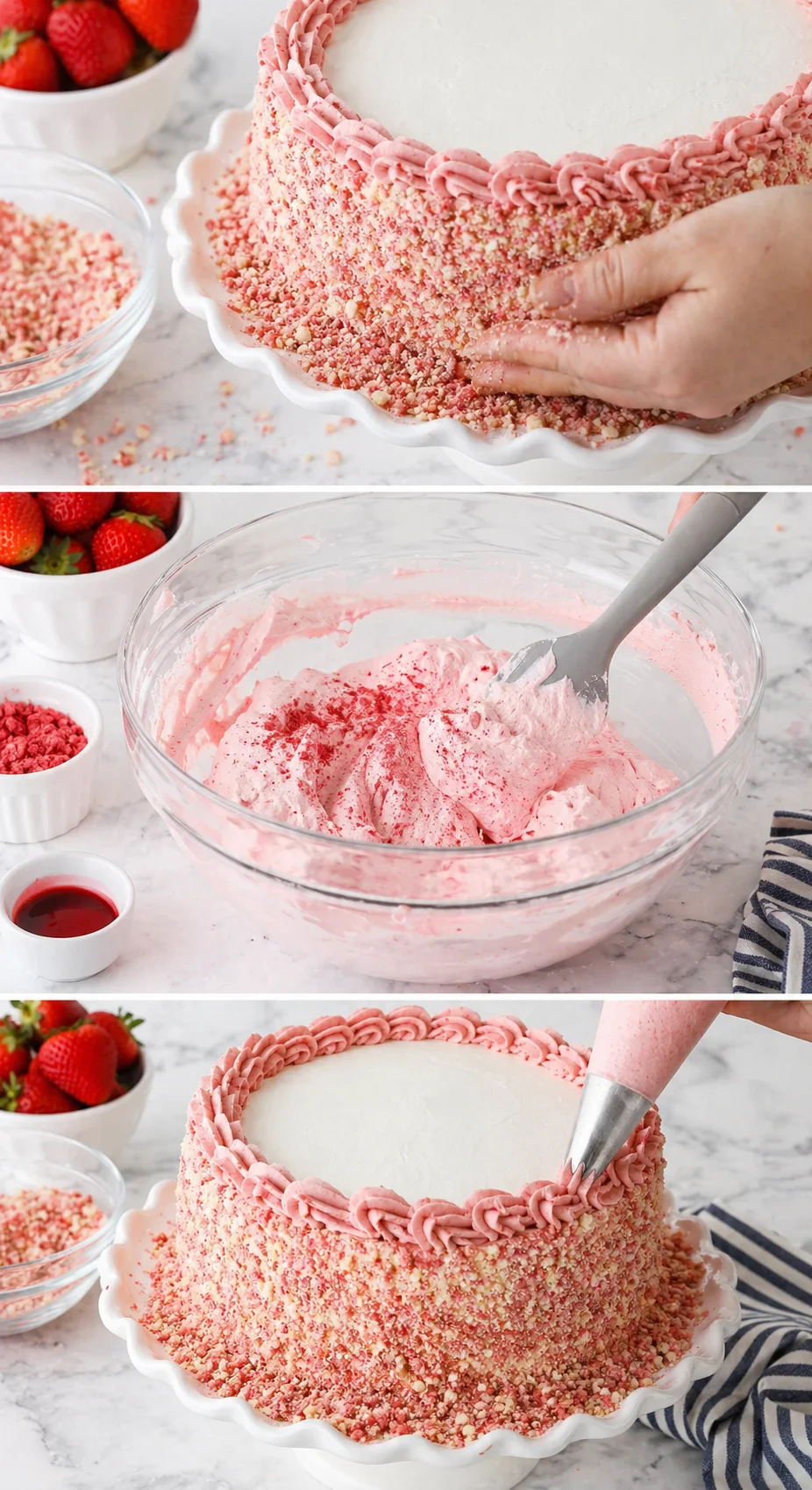 Three-panel collage showing a pink strawberry cake in progress with crumb-coated sides and piped border.