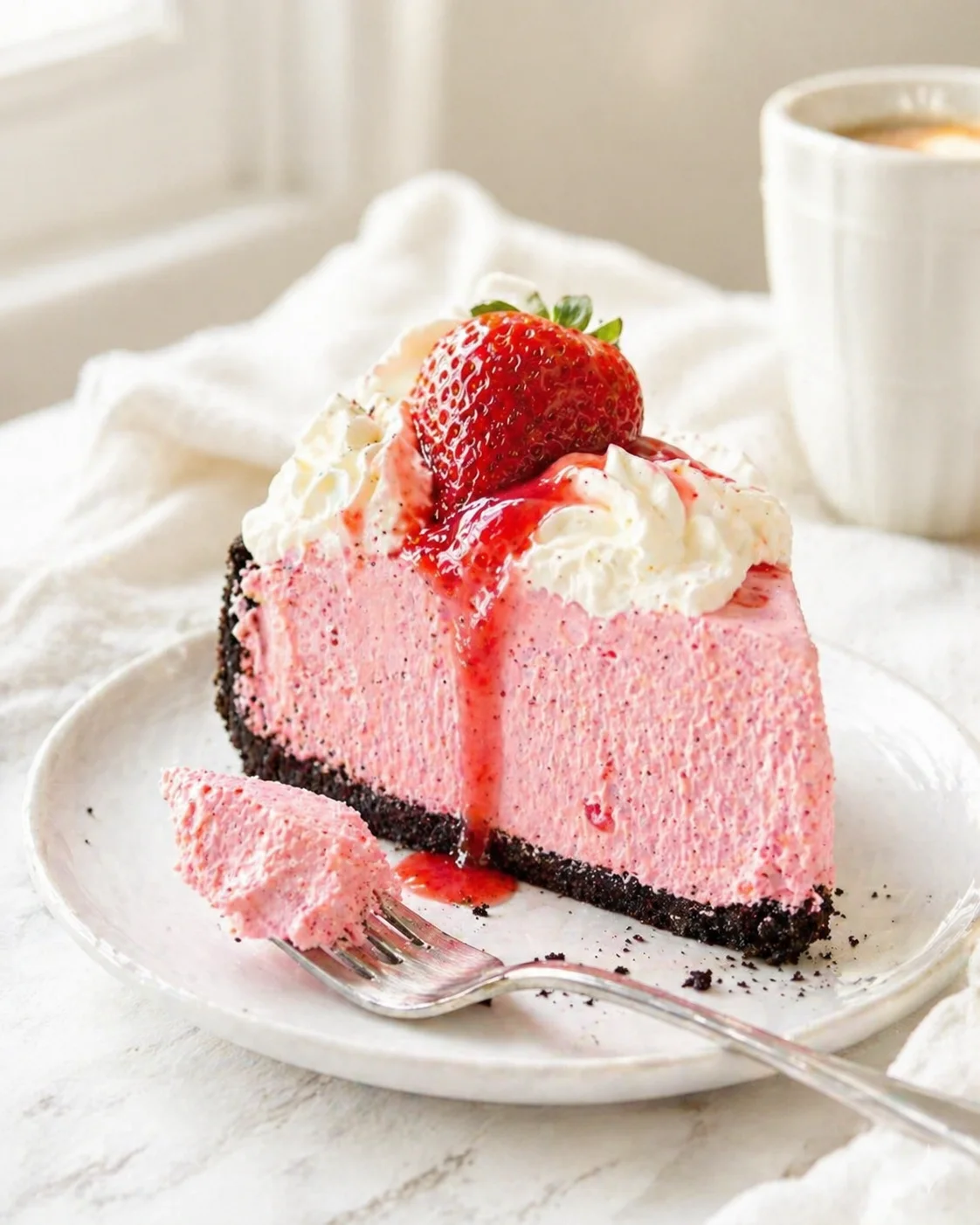Pink strawberry cheesecake slice with whipped cream and strawberry sauce on a white plate.