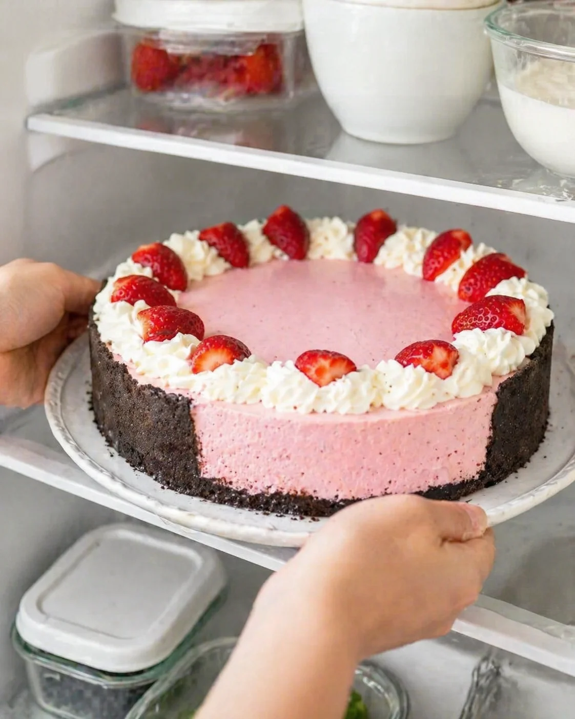 Pink strawberry cheesecake with chocolate crust, white whipped-cream border, and halved strawberries.