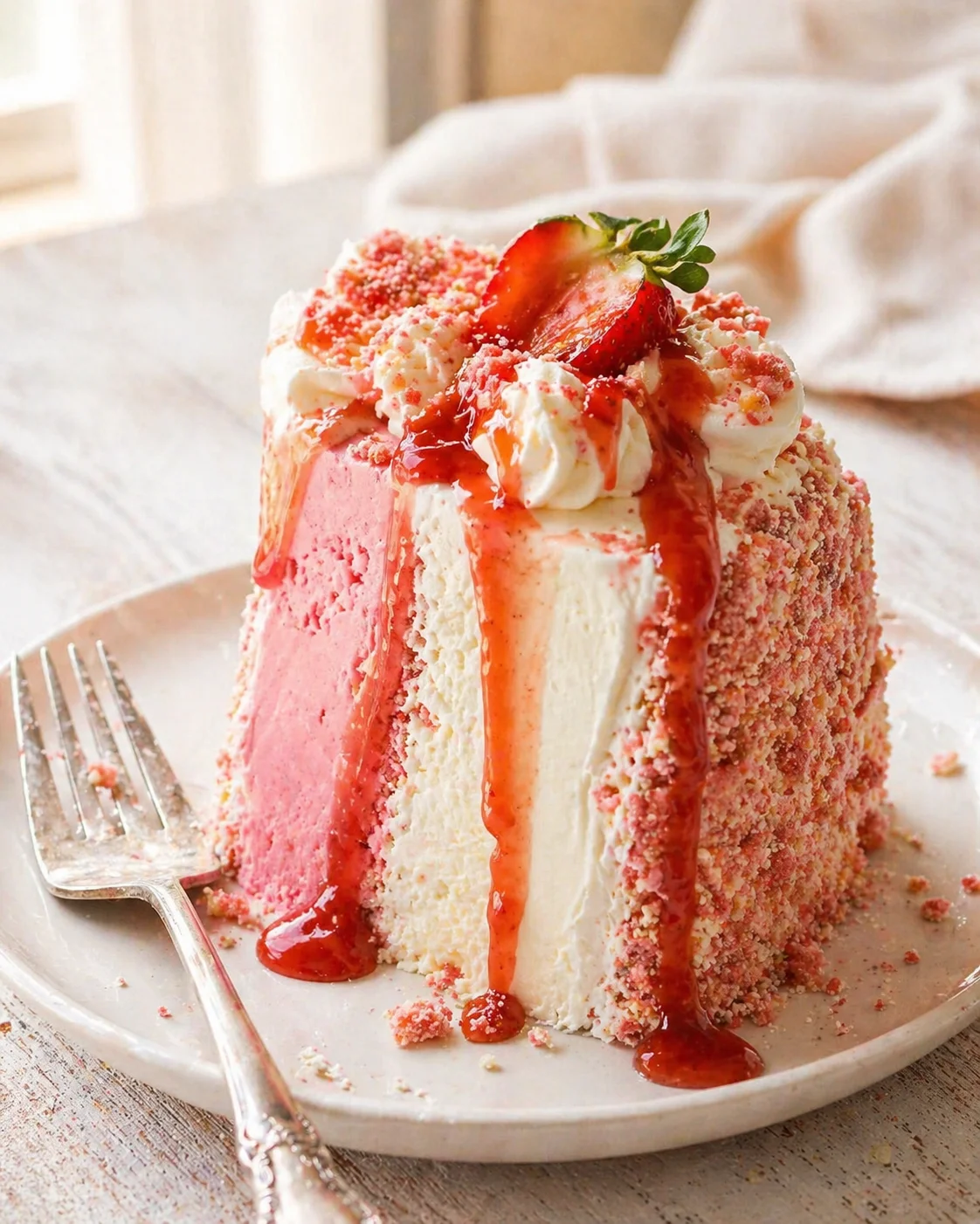 Pink strawberry-layer cake with white cream, strawberry drizzle, and crumb coating on a beige plate.