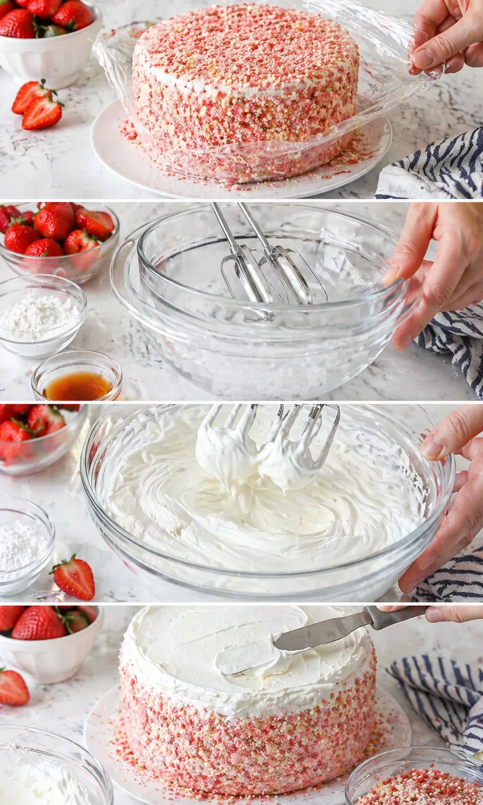 Four-panel collage of assembling a strawberry cake: wrap removal, whisking, whipped cream, frosting.