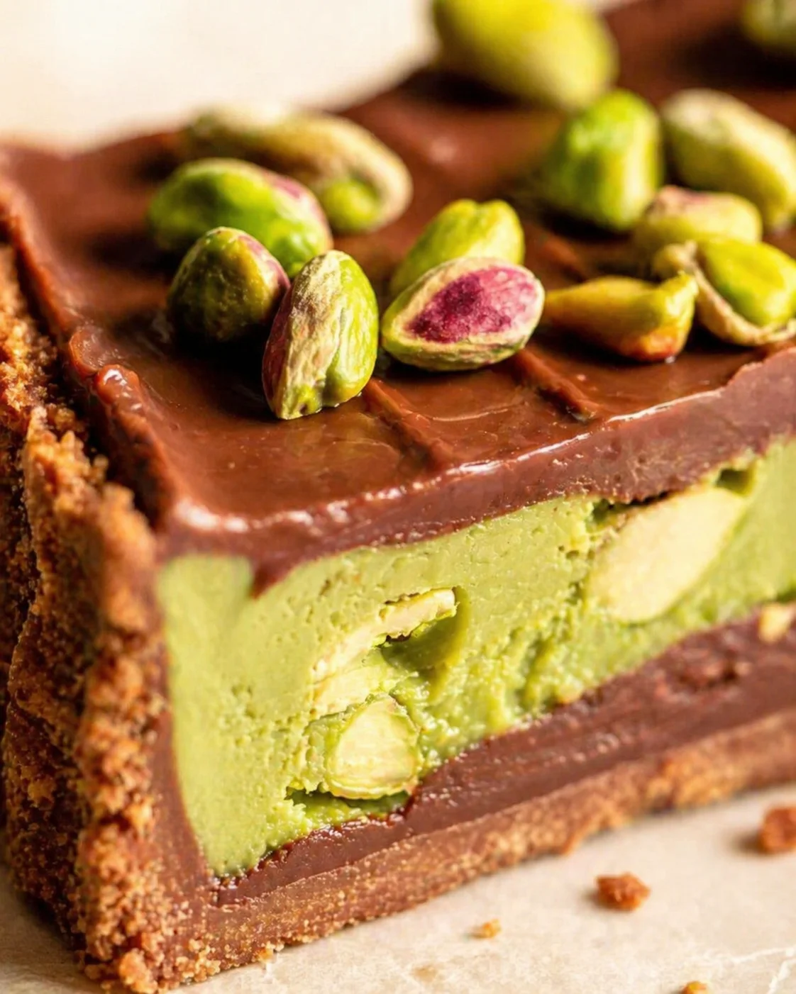 Close-up of a pistachio-filled chocolate dessert bar topped with pistachio halves.