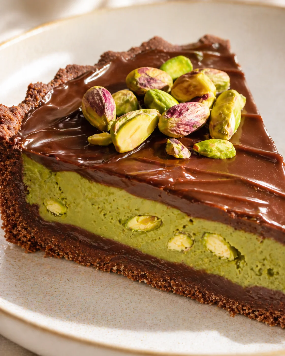 Slice of pistachio cheesecake with glossy chocolate ganache and pistachios on top