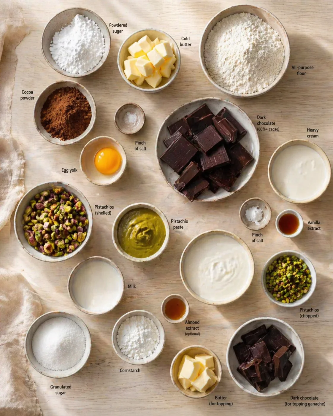 Overhead view of labeled bowls with pistachios, chocolates, sugars, flours, and dairy.