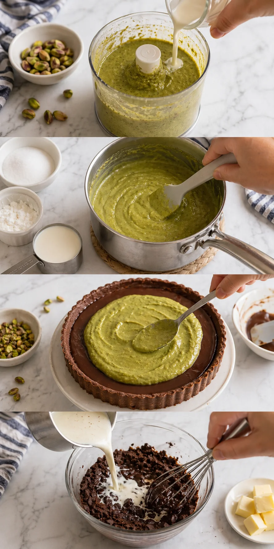 Collage showing pistachio tart-making steps: batter preparation, crust, filling, and finishing pours.