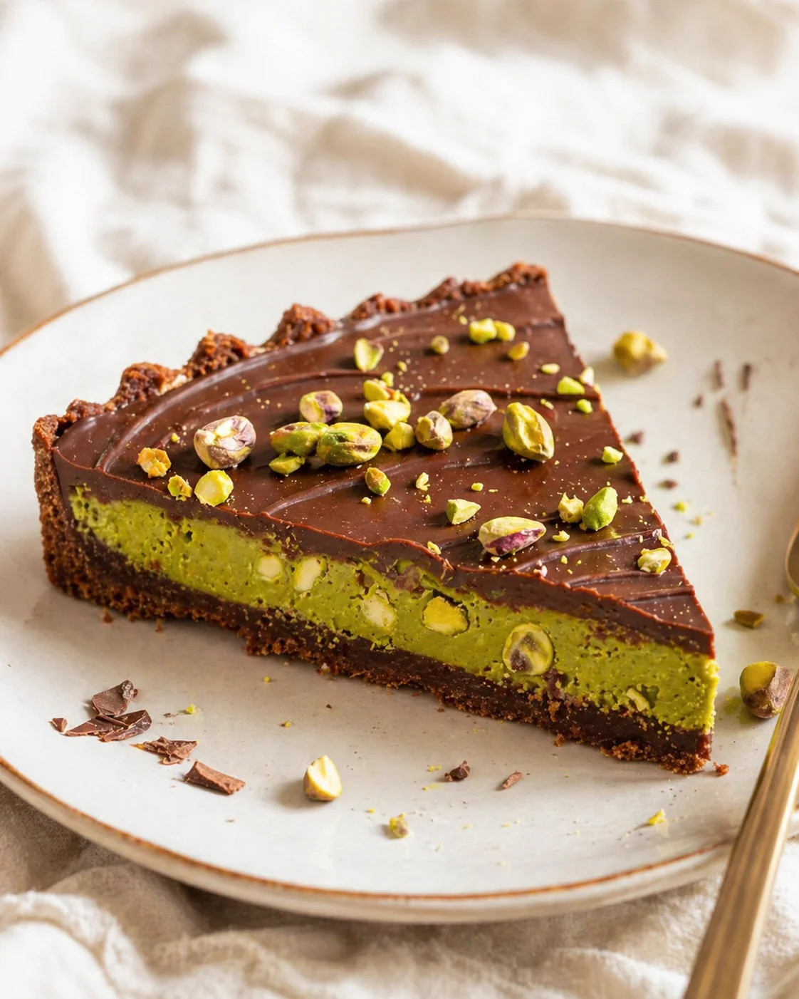 slice of pistachio chocolate tart with pistachio toppings on a light ceramic plate, with a linen backdrop