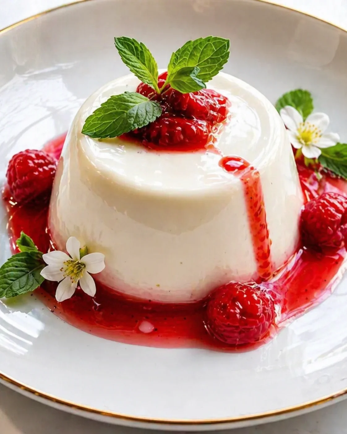 Panna cotta dome with raspberry sauce, fresh raspberries, mint leaves, and white flowers.