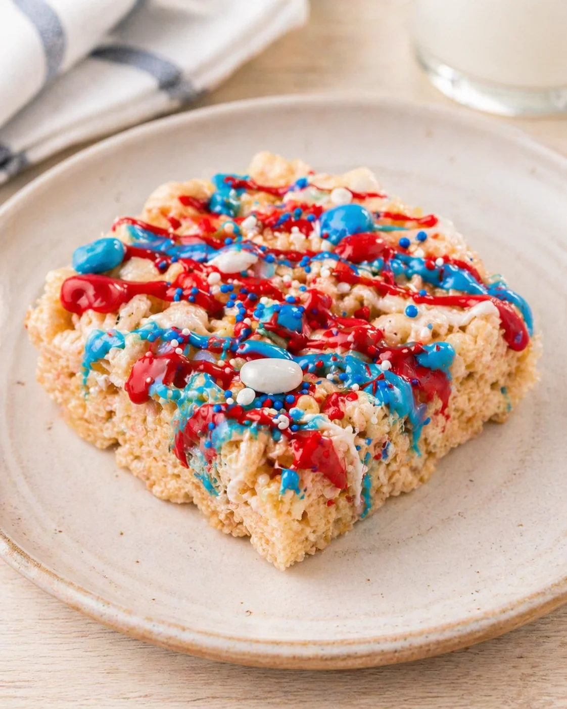 Square vanilla cake on a beige plate with red and blue drizzle and colorful sprinkles